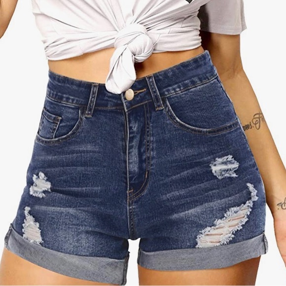 🐝 HIGH-WAISTED DISTRESSED DENIM STRETCH SHORTS -WOMENS XL - Picture 1 of 7